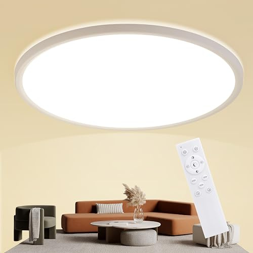 Luminic 49CM LED Deckenleuchte Dimmbar mit Fernbedienung 46W Weiß | Dimmbar 3000-6500K, Ultra Dünn 2.5CM, Wasserfest IP45, 60s/1Hrs Timer, 10–100 % Helligkeit, Nachtlicht, für Schlafzimmer