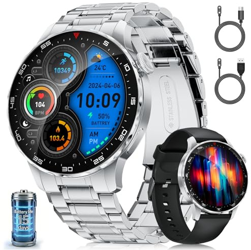 LIGEMI Smartwatch Uomo,1.43 AMOLED Orologio Smartwatch Uomo con Chiamate Bluetooth,123 Modalità Sportive,Monitoraggio Frequenza Cardiaca e Pressione,Cassa Acciaio Inox,per Android iOS(SML21-D)