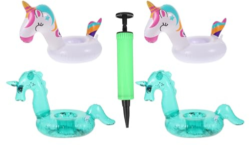 HOODANCOS Portavasos Inflable de PVC para Piscina 5 Piezas con Diseño Animal (2 Unicornios con Purpurina 2 Arcoíris) y Bomba de Aire, Flotador Creativo para Fiestas y Playa Reutilizable