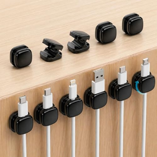 KINDLUME 12 Pezzo Organizzatore Cavi, Clip per Cavi, Fermacavi Adesivi, Portacavi, Passacavi Scrivania, Girevole a 360°, Nero, Mini, per Auto, Muro, Tavolo, Comodino