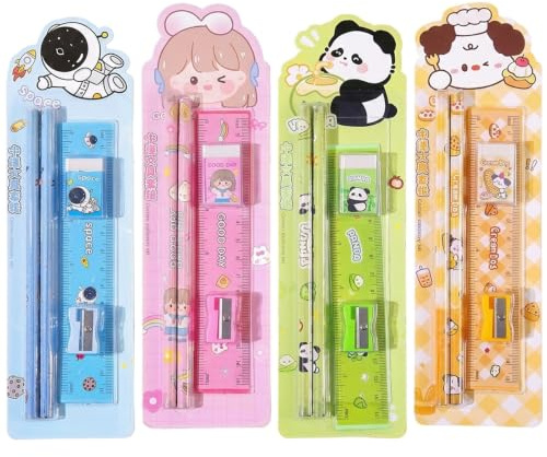 FIQLUL 20 tlg Schreibset Kinder 4 Sets mit Bleistiften Radiergummi Spitzer Lineal – Ideal für Schulanfang, Schultüte Füllung, Mitgebsel Kindergeburtstag, Gastgeschenke für Jungen & Mädchen