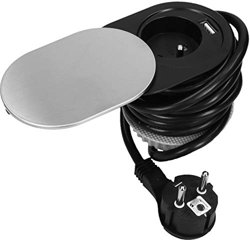 Orno AE-13124 Versenkbare Tischsteckdose mit Schiebedeckel | USB-Ladegerät und 1,9m langes Kabel | Französische Typ| AE-13124
