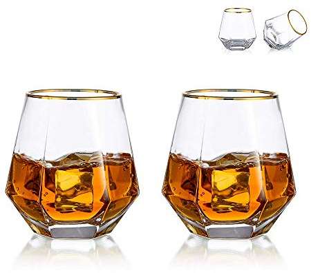 Glasseam Juego De 2 Vasos De Whisky De Diamante Inclinados, Vaso De Whisky De 300 Ml, Aspecto Moderno para Hombres, Mujeres, Papá, Esposo, Amigos, Cristalería para Vaso De Whisky/Ron/Borbón
