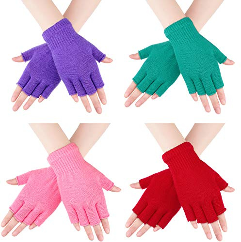 Bememo 4 Pairs Fingerless Gloves Half Finger Knitted Mitten Winter Boy Girl