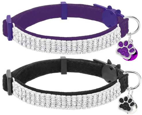 EXPAWLORER Soft Velvet Safe Cat Collars for Girl Cats -2 Pack Rhinestones Bling Diamante Adjustable Collars Breakaway- Chirstmas Cat Clollar Gifts with Bells for Boy Cats Kitty and Small Dogs