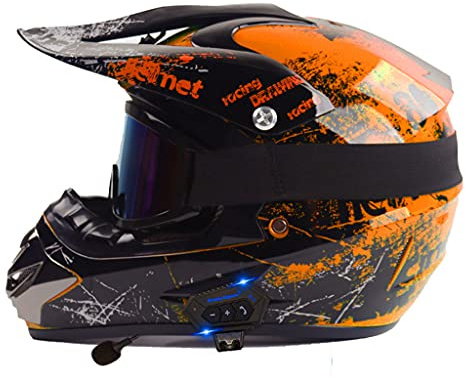 DCLINA Casco Bluetooth para Motocicleta, Motocross ATV, Moto Ciclomotor Cara Completa Todoterreno Cross, Descenso MX Quad Dirt Bike Casco para Adultos, Hombres Mujeres, Verde/Naranja Floral