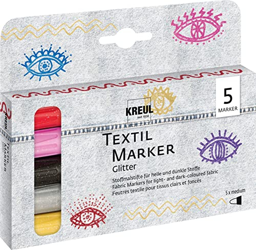 KREUL 92651 - Textil Marker Set Glitter, medium, 5 Stück, Strichstärke 2 bis 4 mm, auf Wasserbasis, halbdeckende Stoffmalstifte mit Glitzereffekt