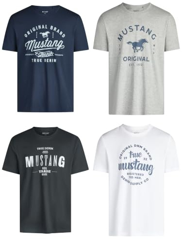 MUSTANG Tshirt Herren Baumwolle Regular Fit 4er Pack Set Rundhals Kurzarm Sommer Tee Shirt Logoprint Schwarz Weiß Grau Blau Grün S M L XL XXL 3XL 4XL 5XL 6XL