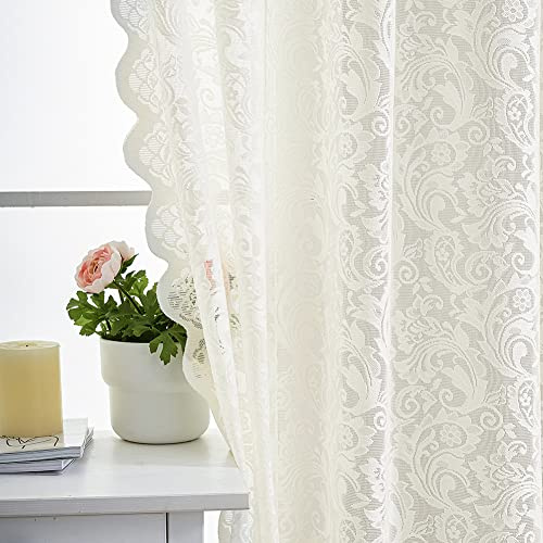 ALIGOGO Ivory Lace Curtains 63 Inch Length - Vintage Floral Cream Sheer Curtains for Bedroom Nursery 2 Panels, Rod Pocket Privacy Off White Window Treatments with Scalloped Edges, 52 x 63 Inch