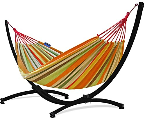 Potenza Outdoor Hängematte mit Gestell für 2 Personen I Baumwolle Doppelhängematte XXL 220x160, 200kg I Hängemattengestell 220kg, wetterfest (Orange, Gestell Schwarz)