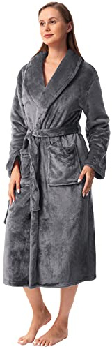 vislivin Fleece Bademantel Damen Lang Bademantel Flauschig Morgenmantel Schalkragen Saunamantel Women Robe