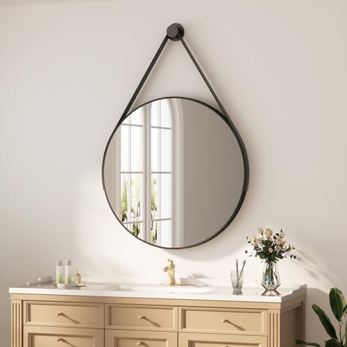 Heilmetz Spiegel Rund Schwarz Ø 60 cm, 1,4 m abnehmbares Band | Wandspiegel, Rundspiegel mit 5 mm kupferfreiem Silberspiegel, Sicherheitsfolie, mattschwarzem Eisenrahme