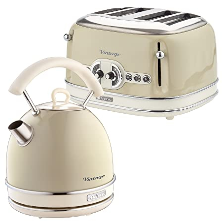 Ariete ARPK39 Retro Style Dome Kettle and 4 Slice Toaster Set, Vintage Design, Cream, Stainless Steel