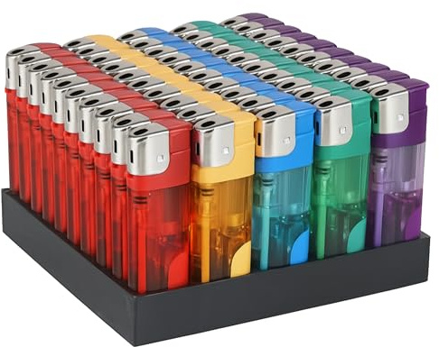Meown Multicolour Electronic Lighters, Refillable & Child Safe with Adjustable Flame, Transparent & Long-lasting, Ideal for BBQ, Camping & Kitchen (Pack of 50)