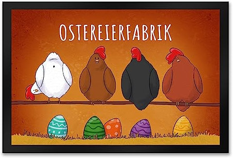 speecheese Hühner auf der Stange Ostereierfabrik Fußmatte XXL in 50x75 cm mit bunten Ostereiern als Dekoration für den Hühnerstall zur Osterzeit oder für zuhause um Vorfreude auf die