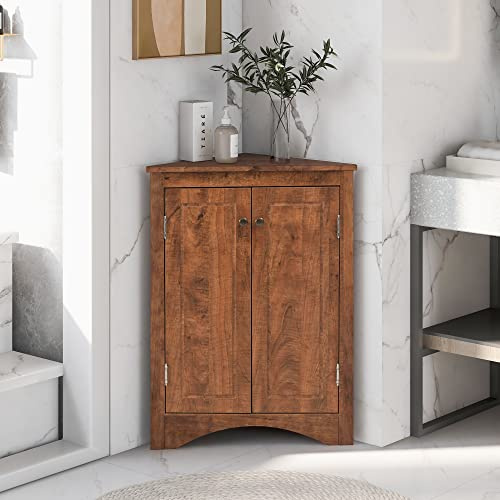 Bellemave Corner Storage Cabinet with 2 Doors and 2 Tier Adjustable Shelves, Freestanding Floor Bathroom Cabinet Short Corner for Bathroom, Living Room (Brown)