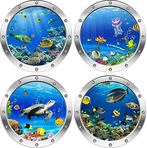 AINIUNIU 3D Wandtattoo Unterwasserwelt, 4 Stück 3D Wandtattoo Unterwasserwelt,Wandsticker Badezimmer Bilder,3D Hai Wandtattoo Kinderzimmer, Meerestiere Sticker für Schlafzimmer (fish)
