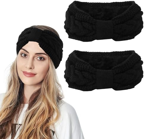 2 Pcs Winter Headband, Women's Knitted Bow Braided Hair Band - Wraps Thick Thermal Wide Headbands for Skiing, Running, Outdoor (Black)