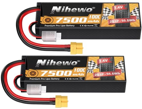 Nihewo 2S Lipo Akku 7,4V 7500mAh 100C Hartschale XT60 für RC Auto 2Stück | 7,4V RC Akku 2S 7500mAh 100C Hartschale Lipos XT60 Stecker Kompatibel mit 1/8 1/10 RC Car Truck Truggy Fahrzeugen Boot