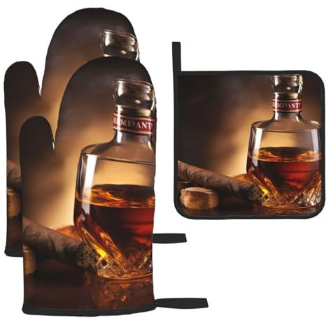 Ofenhandschuhe und Topflappen, 3er-Set, hitzebeständig, waschbar, Brandy-Zigarren-Druck, Ofenhandschuhe, heiße Pads für Küche, Kochen, Backen, Grillen, 3 Stück