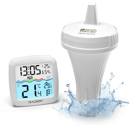 Raddy PT-2 Termometro per piscina wireless galleggiante, IPX7,di facile lettura, con sveglia, livello di comfort dell'acqua, sensore ad alta precisione per piscina, idromassaggio, vasca da bagno