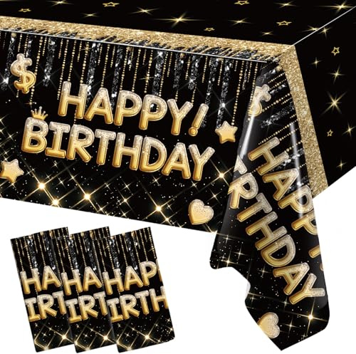 Tischdecke Geburtstag Schwarz Gold, 3 Stück Tischdecke Geburtstag Junge | Tischdecke Happy Birthday Deko Schwarz Gold, Party Tischdecke Table Cloth für Geburtstagsdeko Mädchen Frau Birthday 220×130cm