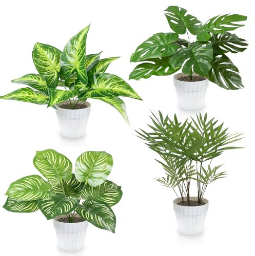 INSANYJ Juego de 4 plantas artificiales, plantas artificiales como auténticas en maceta blanca, monstera y palmera artificial (25 cm), decoración para salón, dormitorio, cuarto de baño, decoración de