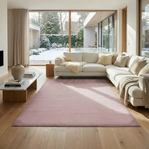 Jimri Flauschiger Teppich Läufer - Hochwertiger Kurzflor für Zuhause, Büro, Küche, Eingang, Flur, Wohnzimmer - Maschinenwaschbar - Rutschfester Teppich Waschbar - 160x220 cm - Rosa