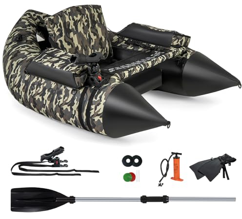 GYMAX V-förmiges Belly Boat, aufblasbares Paddelboot mit Rutenhalter & Flossen, Schlauchboot bis zu 150 kg belastbar, Angelboot zum Fliegenfischen mit Ruder & Pumpe