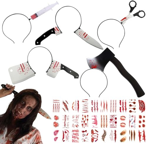 Auzlya Halloween Messer im Kopf, 5 Stück Halloween Haarreif, Halloween Accessoires Damen, Blutige Schere im Kopf, mit Scars Tattoo, für Herren Damen bei der Halloween Party
