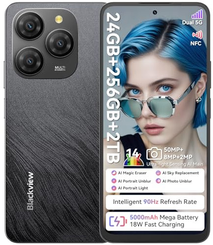 Blackview 5G Mobile Phones, Shark 9, Android 14 Phone, 24GB+256GB/2TB, Al Algorithms, 6.67, 5000mAh/18W, 50MP Camera, Sim Free Unlocked Mobile Phones, Triple Card Slots/Fingerprint/Face ID/NFC-Black