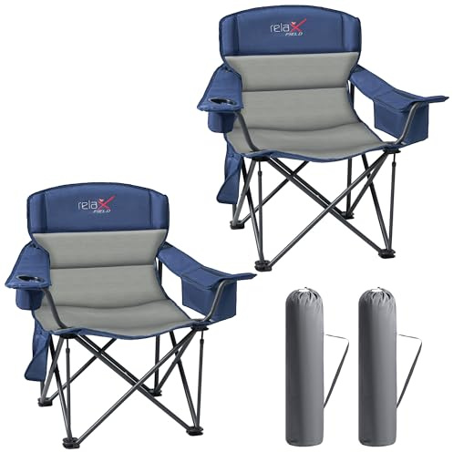 RELAX FIELD Campingstuhl Faltbar 200KG mit Getränkehalter und Kühltasche, Klappstuhl Camping, Anglerstuhl Klappbar mit Hohe Rückenlehne, Blau