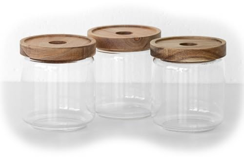 Darthome Set of 3 Small 400ml Glass Storage Jars with Wooden Lids Kitchen Canisters Pots