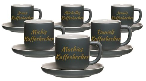 LUXENTU Espressotasse mit Gravur & Untertasse, Grau, 90 ml, 6 Stück | Personalisierte kleine Tasse aus Steinzeug mit goldgefärbter Beschriftung zum Geburtstag für Kaffeeliebhaber
