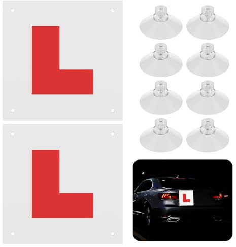 Keruhsci Pack of 2 Fully Magnetic L Plates for Car UK,Learner Plates Magnetic with 8 Suction Cups,Reflect Light When Driving at Night,Perfect Choice for Driving Security