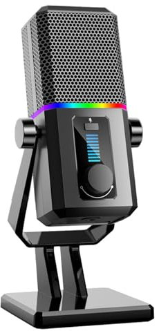 Micro de jeu d'ordinateur de bureau avec lumière LED 14 mm Grande tête de micro pour diffusion en continu Podcasting Insert et Play
