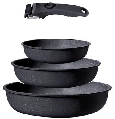 GiPP Juego de Ollas y Sartenes Cerámicas Antiadherente - Juego de Cocina con Mangos Desmontables, No Tóxico, Apto para Inducción, Horno y Lavavajillas(Negro 5PCS)
