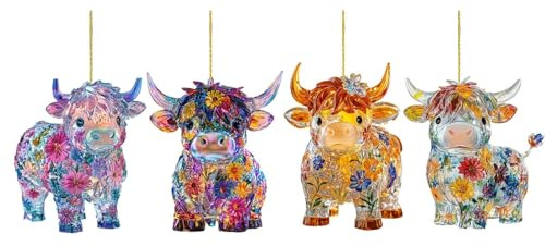 Highland Kuh Weihnachtskugel aus Acryl Christbaumschmuck Lustig - Christbaumkugel Figuren Weihnachtsdeko Anhänger - Deko Baumkugel Geschenk für Damen Frauen Mädchen (4)
