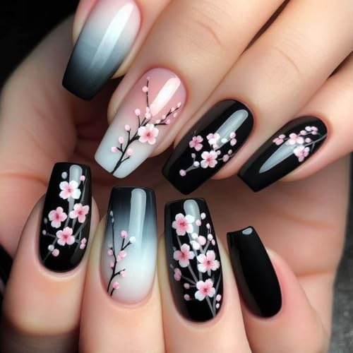MouyouGlow Press on Nails Kurz,Ballerina Weiß Farbverlauf Schwarz Pflaumenblüte Blumen Floral Fake Nails Kunstnägel mit Nagelkleber,White Ombre Black Flowers Künstliche Fingernägel