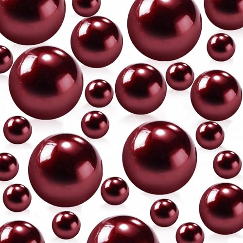 180PCS Wine Red Beads for Centerpieces Vases, Burgundy No Hole Polished Pearl Makeup Beads Mixed 8/14/20mm Sizes, Pearl Vase Fillers Table Scatters for Party Wedding Decor