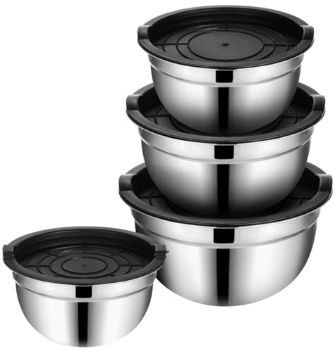 JECOMPRIS Lot de 4 saladiers empilables en acier inoxydable avec couvercles - Saladiers empilables pour pâtisserie, mélange et rangement - 14 cm, 16 cm, 18 cm, 20 cm