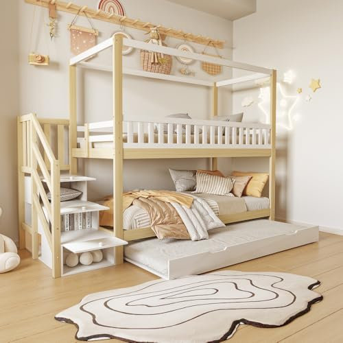 Zubaliya Lit cabane Enfants 90x200 avec lit gigogne et échelle de Rangement,avec Garde-Corps,Cadre de lit superposé Enfant en Bois Massif 90x200 avec sommier à Lattes (Blanc+Naturel-2)