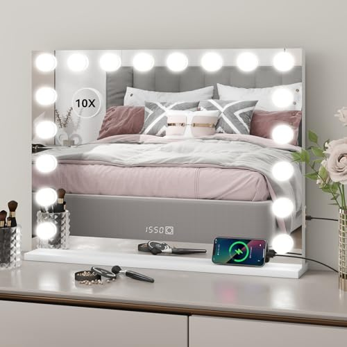 YU YUSING Hollywood Schminkspiegel Groß mit Beleuchtung 80x60cm, 18 LED | Kosmetikspiegel Zeit- und Temperaturanzeige, 3 Dimmbare Farben, Vanity Spiegel Tischspiegel Wandspiegel mit USB Typ C