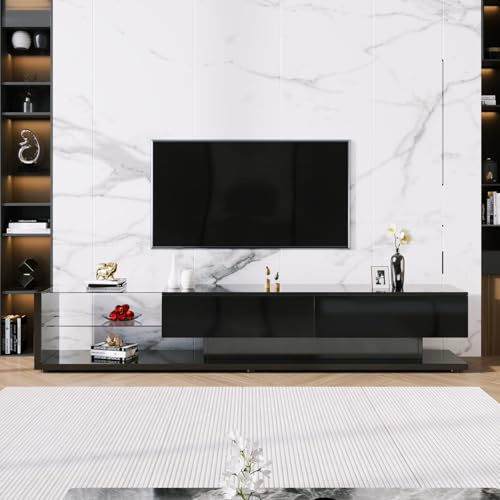PUGSDRLY Meuble TV Bas avec Lumière LED,Meuble TV avec 2 Tiroirs Rangement et 2 étagères en Verre,Design élégant et Moderne (Noir, 170x36x38cm)