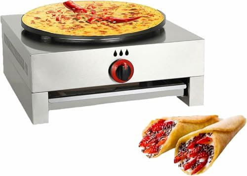 BTOIASYHF Máquina para Hacer Crepes, Plancha para Crepes Redonda Comercial Antiadherente de Gas de 15 Pulgadas, Plancha Plana de Hierro para Calentar GLP, Carcasa de Acero Inoxidable