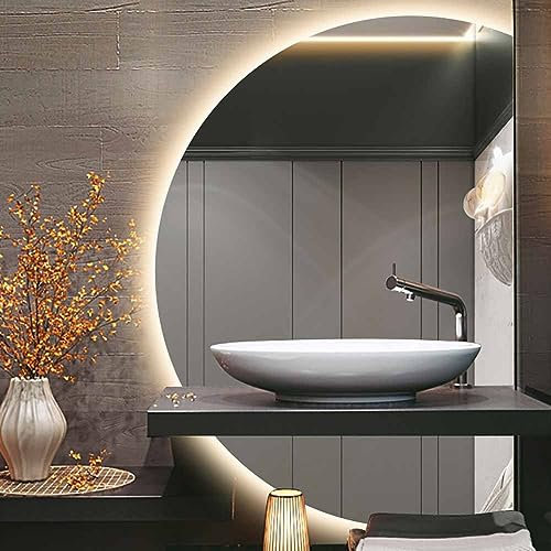 Smart - Specchio da trucco a forma di mezzaluna a LED, dimmerabile, 84 x 120 cm, illuminazione a 3 colori, anti-appannamento, specchio decorativo da parete per bagno e ingresso