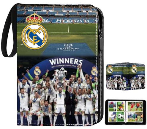 TCRZHHRX Football pu Portable Album, 50 Pages Capacité de 400 Cartes, Classeur Cartes à Collectionner PU avec Fermeture Éclair et Poignée, Un Cadeau Les garçons et Les Filles (Real Madrid)