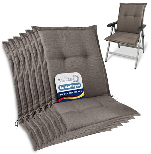Beautissu 6er Set Premium Gartenstuhlauflage Niedriglehner Sitzkissen Stoff | 105x50x7cm Taupe Polster Auflage Niederlehner Gartenstuhl robuster UV-Lichtechtheit Auflagen Gartenpolster HighLux NL