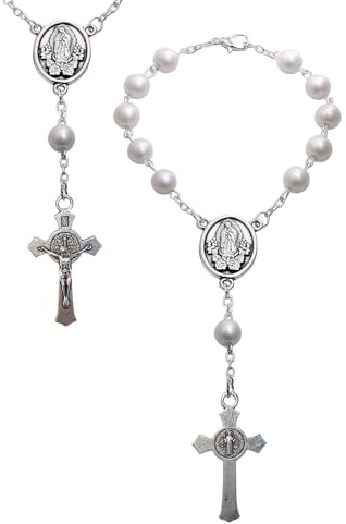 White Guadalupe Mini Catholic Rosary Divine Mercy Medal on Car Mirror Rearview- Steering Whee Charm for Rearview Mirror, Car Rosary for Vehicle Mirror Decoration