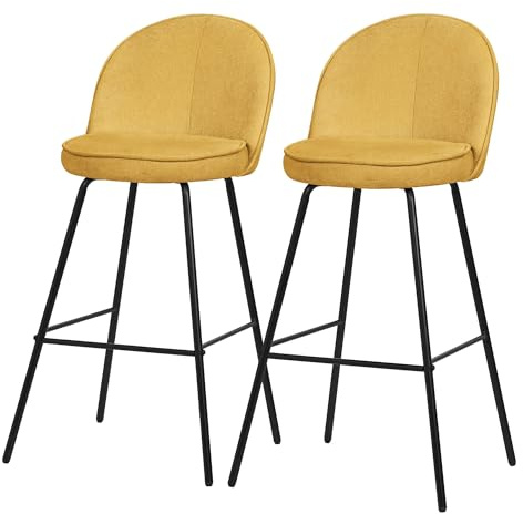 ML-Design Set di 2 Sgabelli da Bar Senape con Rivestimento in Tessuto, Altezza 75 cm, Struttura in Metallo, con Schienale e Poggiapiedi, Sedia Alta Imbottita da Cucina, Sgabello da Bistrot o Bancone